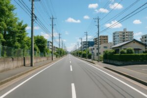 電柱とマンションが並ぶ郊外のまっすぐな道路