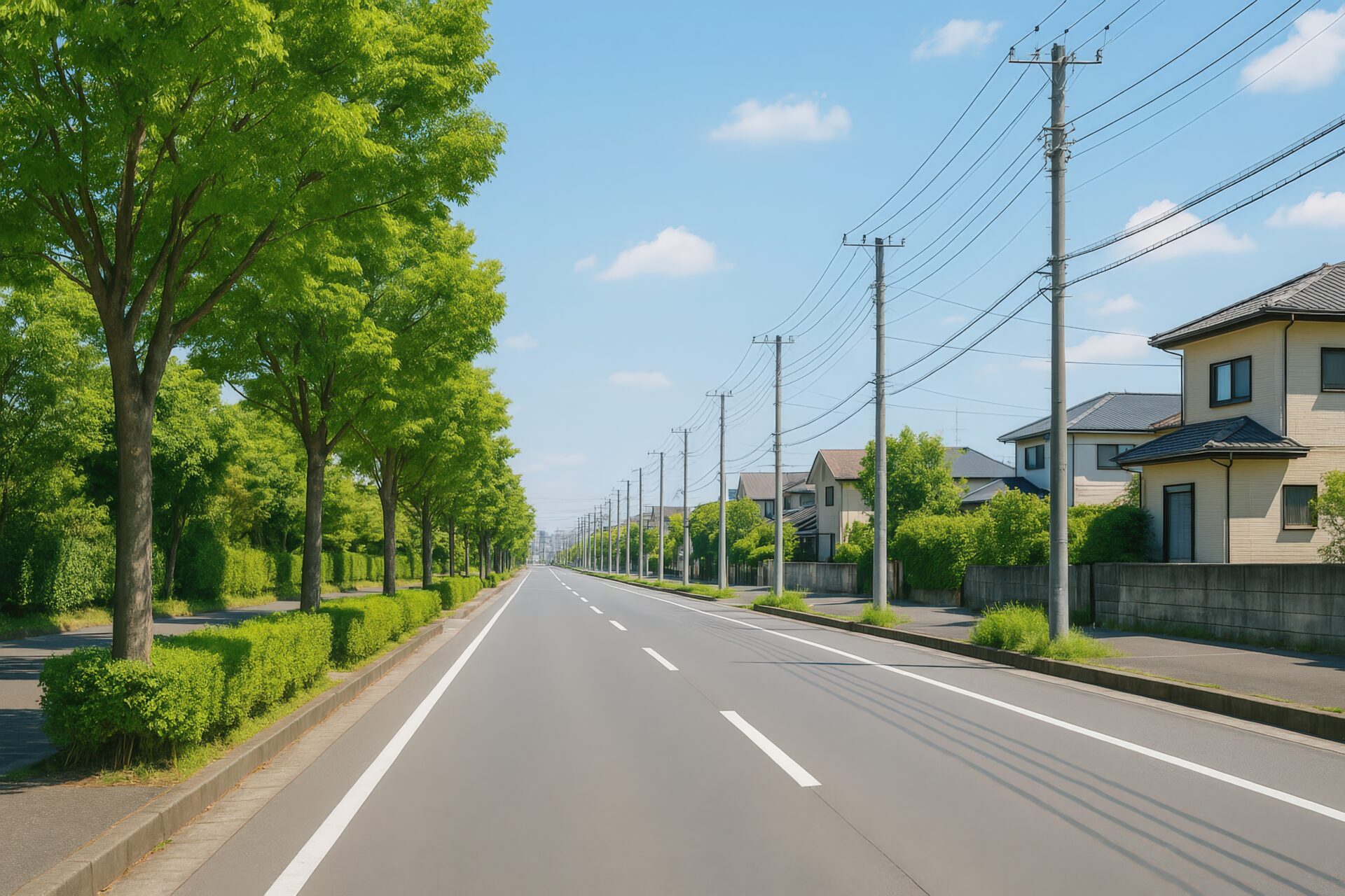 街路樹と住宅が並ぶ静かな直線道路