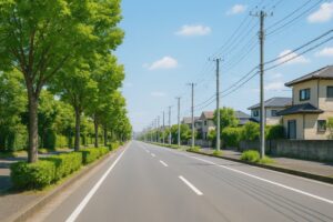 街路樹と住宅が並ぶ静かな直線道路