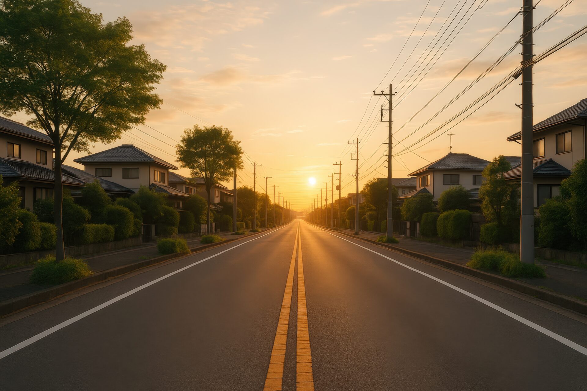 夕焼けに照らされた住宅街のまっすぐな道路