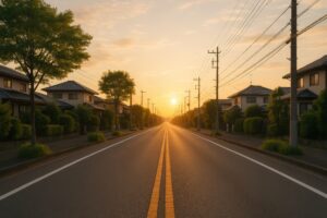 夕焼けに照らされた住宅街のまっすぐな道路