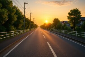 木々と住宅が並ぶ夕暮れ時の道路