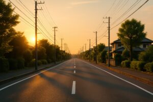 夕陽に染まる静かな郊外の道路