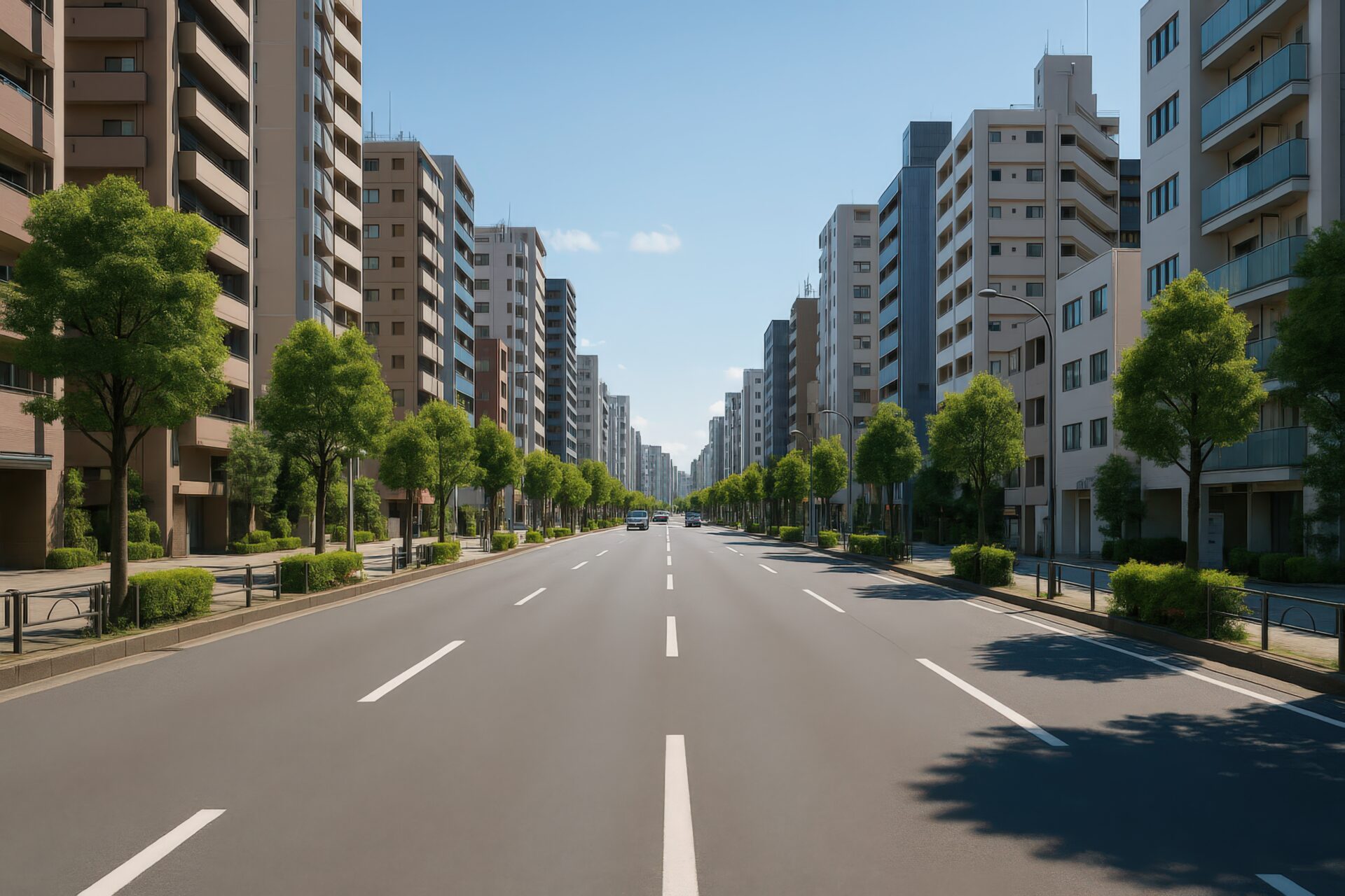 高層マンションが並ぶ広い都市の幹線道路