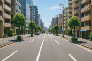 オフィス街と住宅が混在する大通り