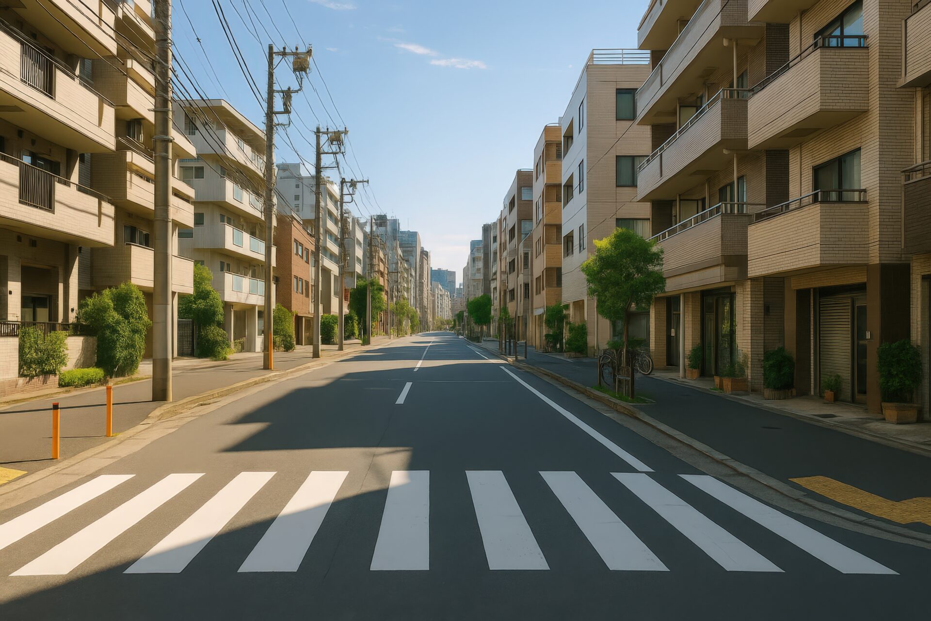 マンションと店舗が並ぶ市街地の横断歩道付き道路