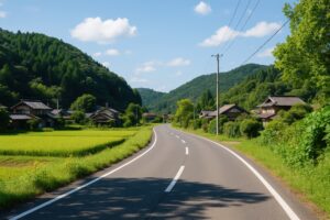田園風景と山並みに囲まれた日本の郊外の道路