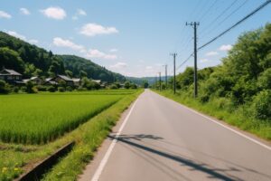 田んぼと電柱が並ぶ日本の直線道路
