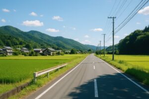 緑豊かな田園と住宅に囲まれた日本の田舎道