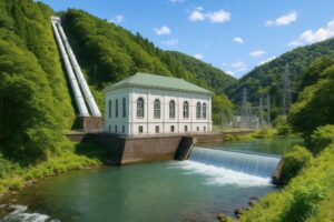 山に囲まれた川沿いの水力発電所