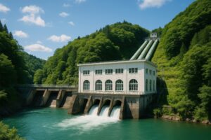 ダムの下にある水力発電所と放水の様子