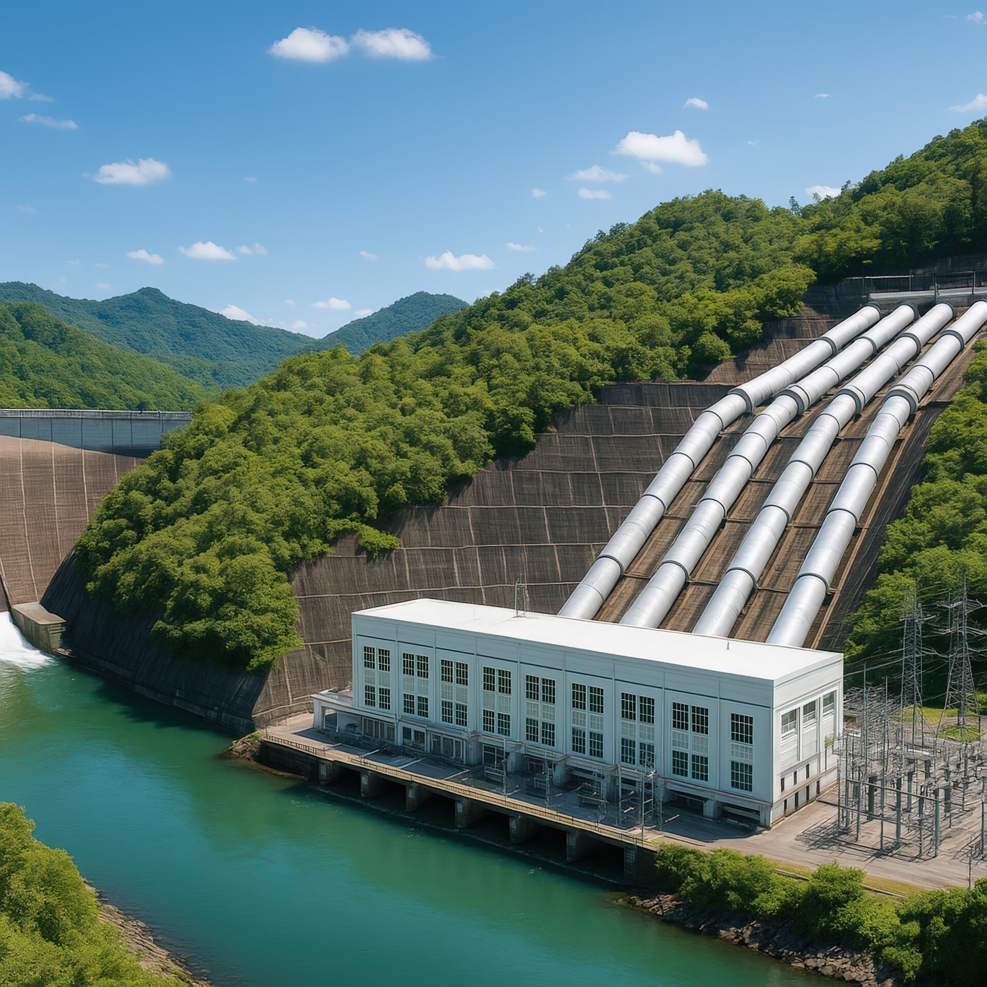 斜面に沿って設置された水圧管と発電所の建物
