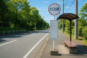 青空の下に設置された郊外のバス停とベンチ