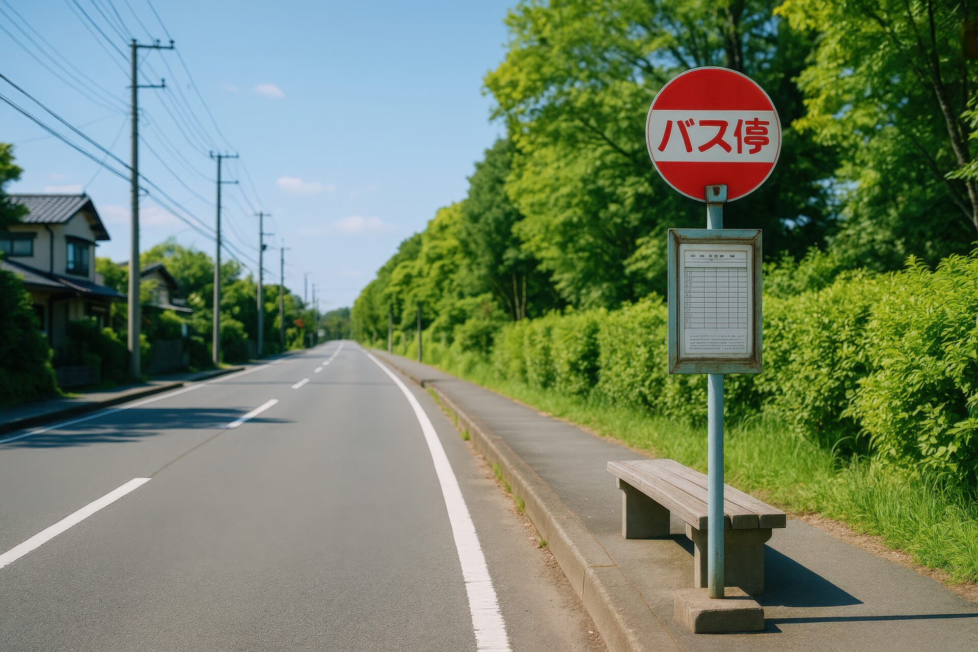 新緑に囲まれた木製ベンチのあるバス停