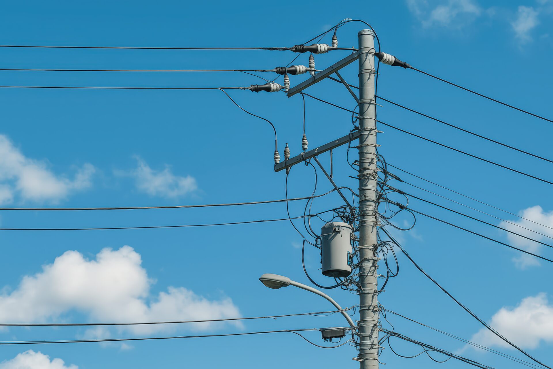 トランスが設置された電柱と電線