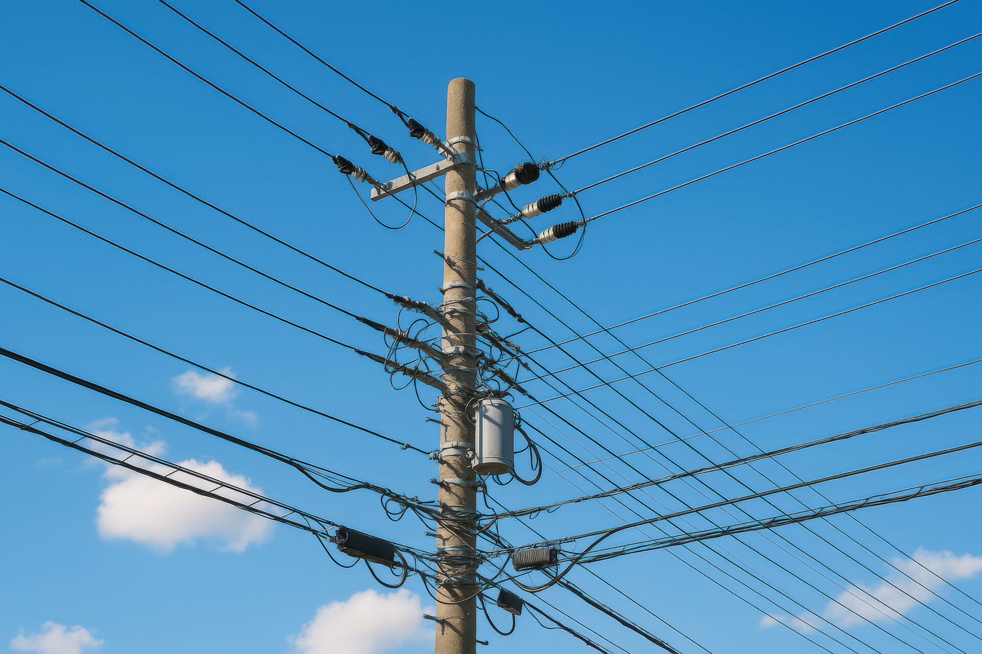 複雑に張り巡らされた電線と電柱のクローズアップ