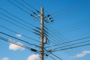 複雑に張り巡らされた電線と電柱のクローズアップ