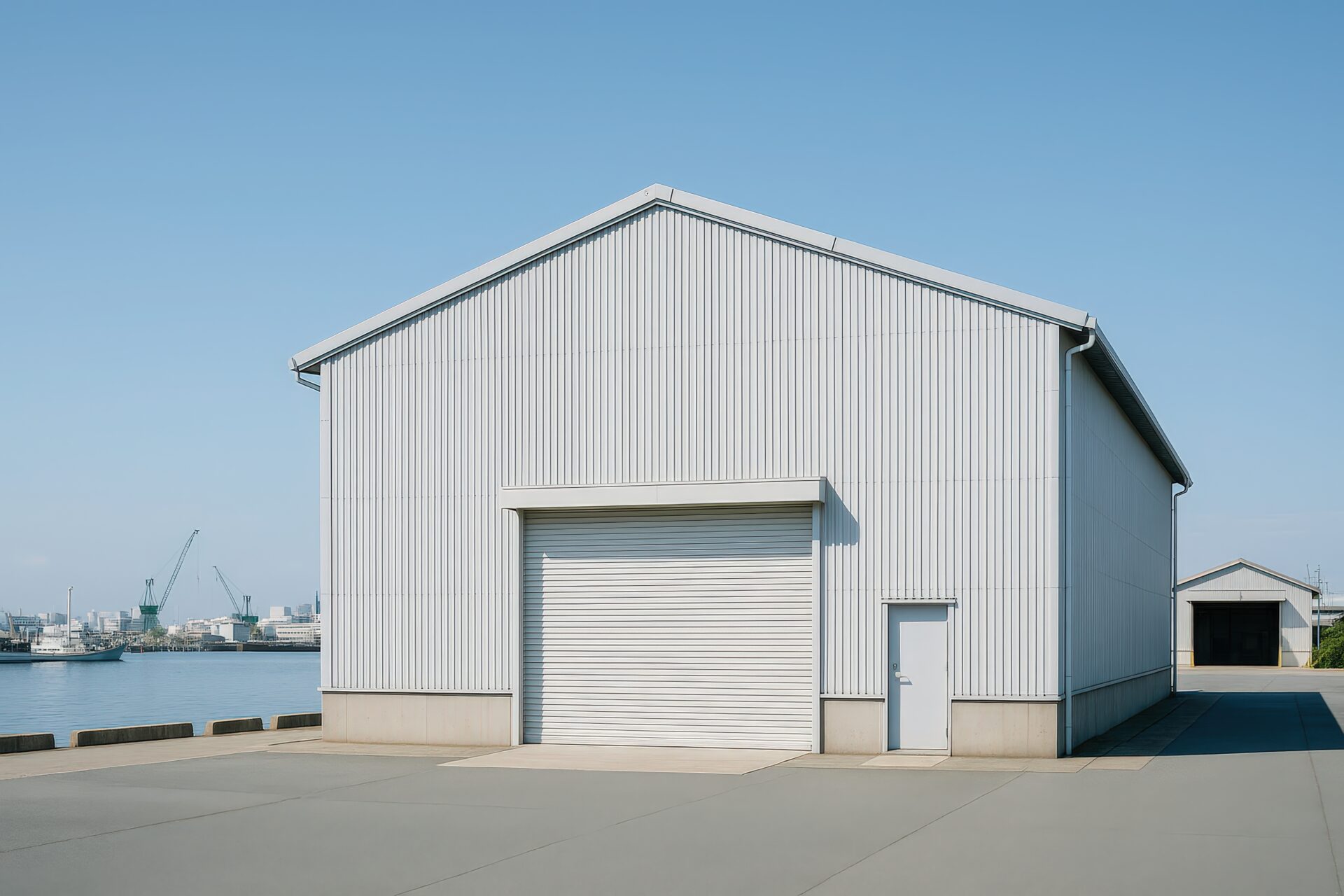 港に面した白い外壁の倉庫とシャッター