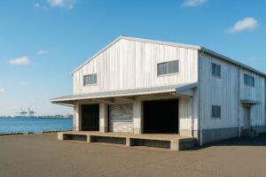海沿いに建つ大きな白い倉庫と積み下ろしスペース