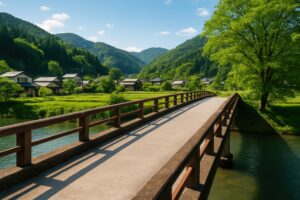木製の橋が架かる日本の田舎風景の夏の朝