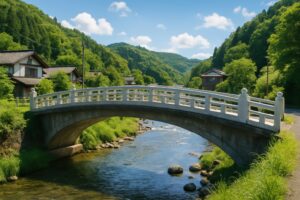 石造りの橋と清流がある緑豊かな日本の田舎の風景