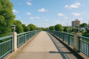 青い欄干の歩道橋と並木道のある都市風景