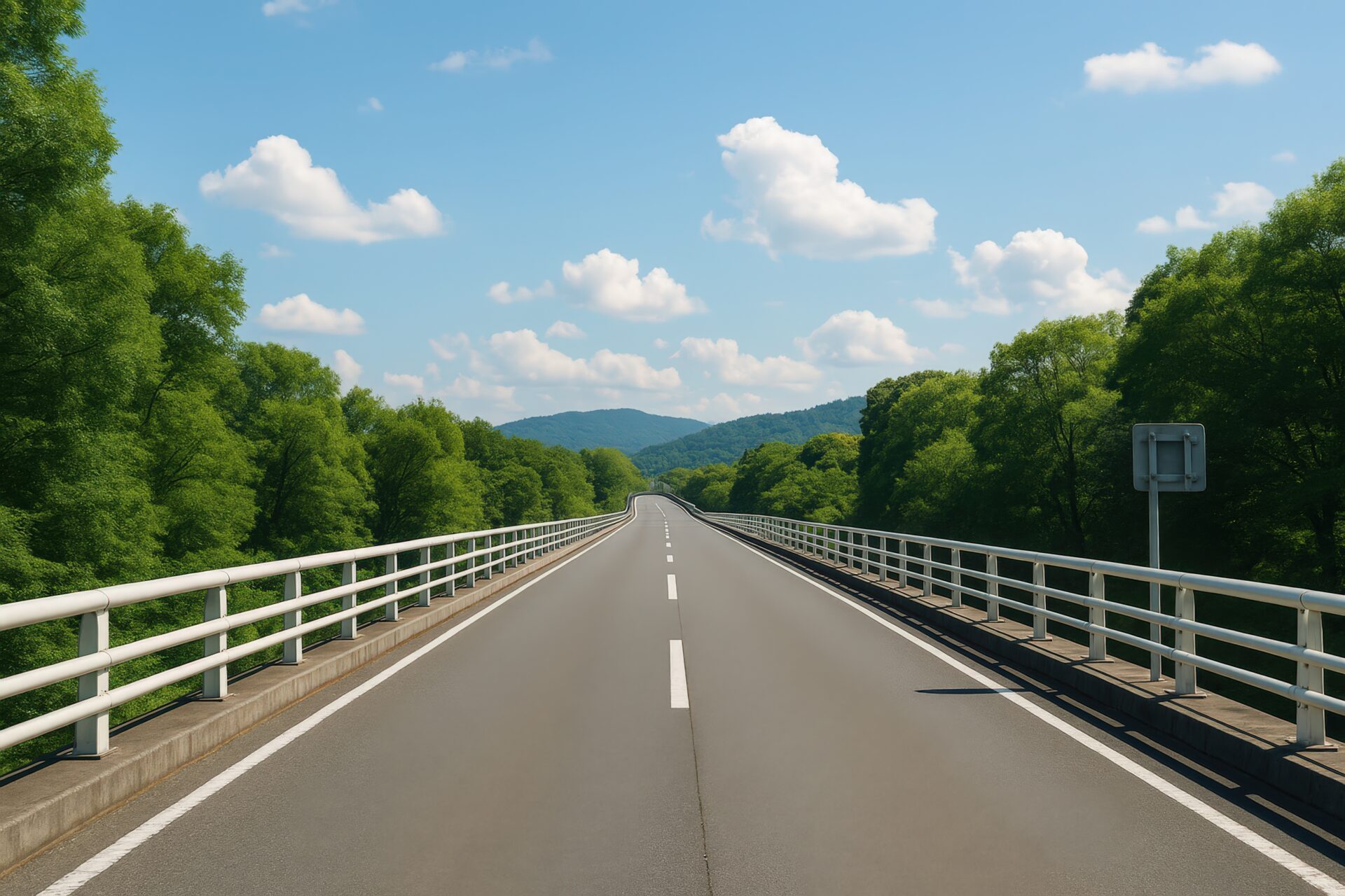 白いガードレールのある道路橋と緑豊かな山々の風景