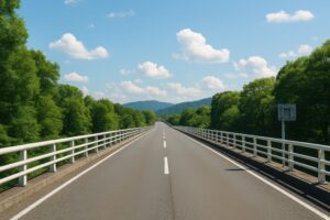 白いガードレールのある道路橋と緑豊かな山々の風景