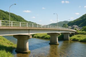 夏の田舎に架かる川と白い欄干のコンクリート橋