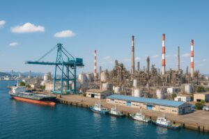 海沿いの製油所と大型クレーンが並ぶ工業地帯の風景