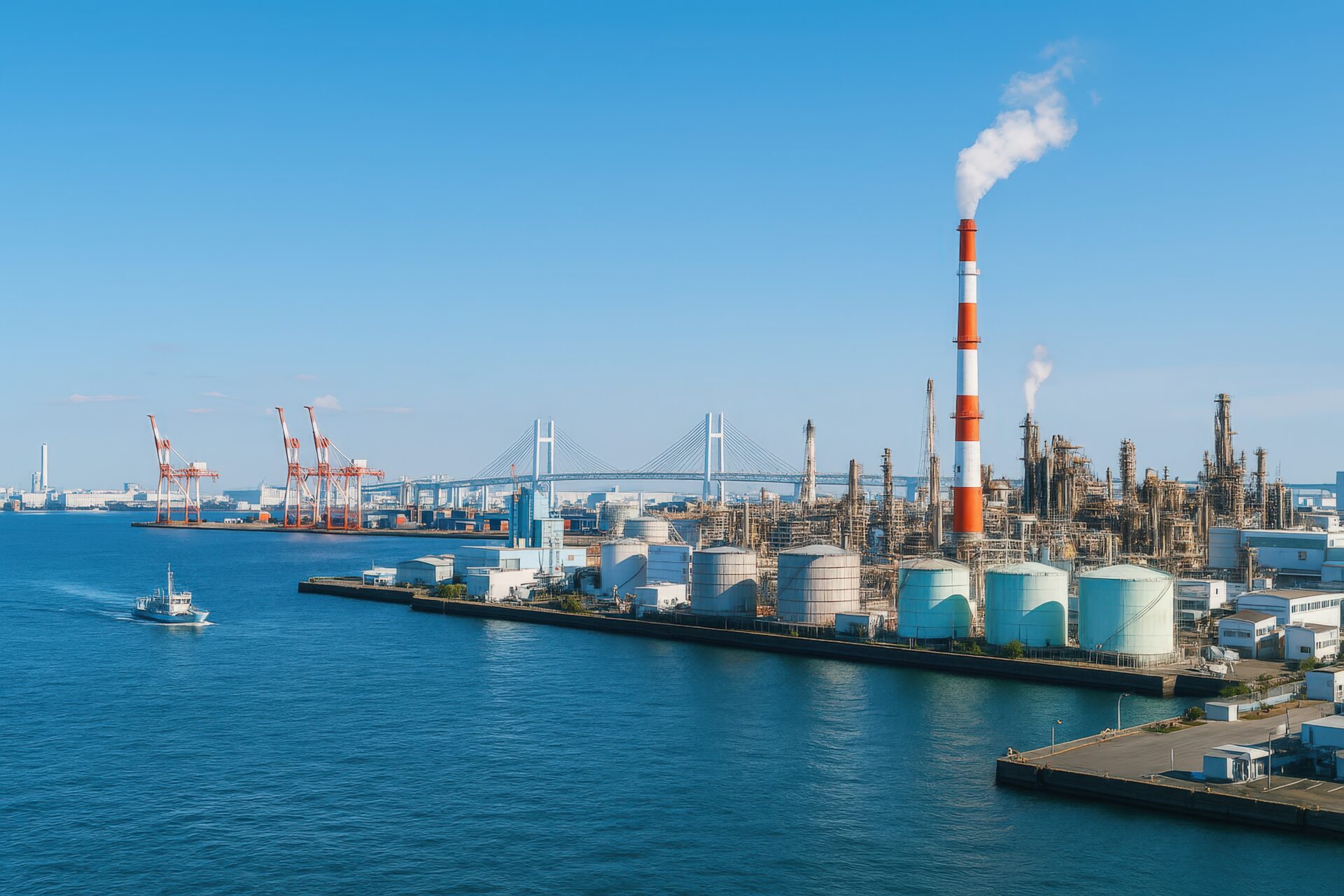 煙突から煙が上がる石油コンビナートと港湾クレーンのある風景