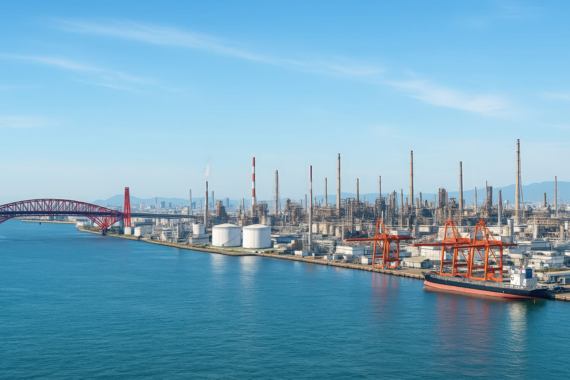 赤い橋と複数の煙突が連なる海辺の工業地帯のパノラマ風景