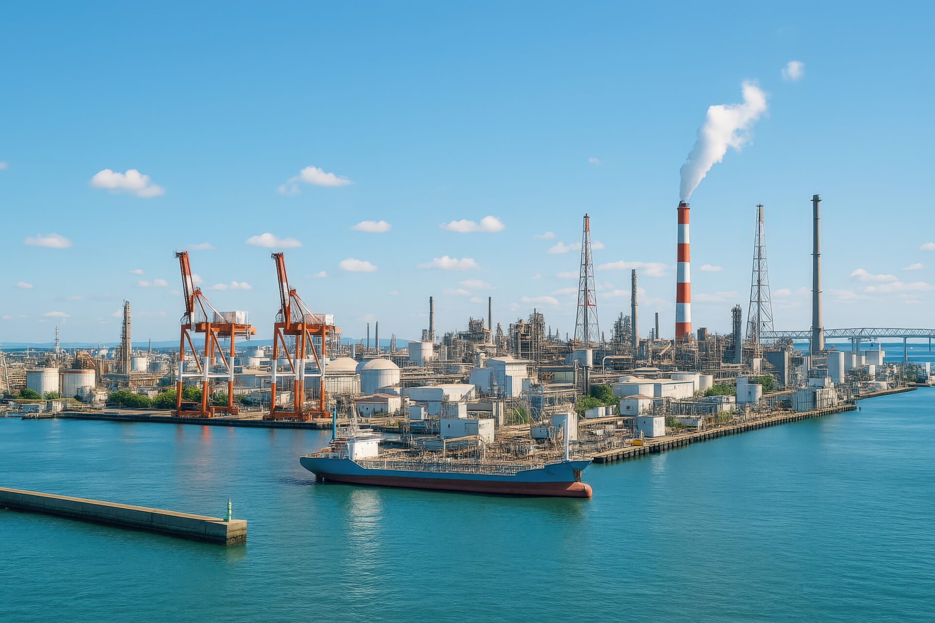 青空の下に広がる工場地帯とタンカーが停泊する港の風景