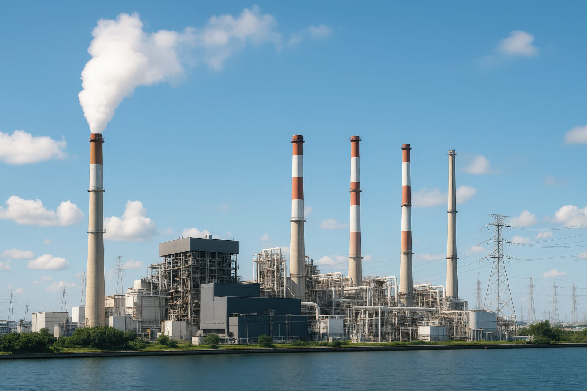 煙突が複数立ち並ぶ大規模な発電施設