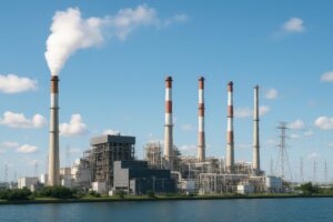 煙突が複数立ち並ぶ大規模な発電施設