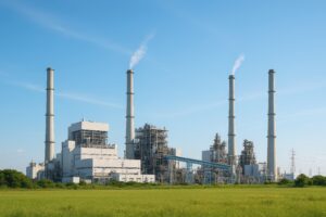 緑の草原と青空に囲まれた火力発電所