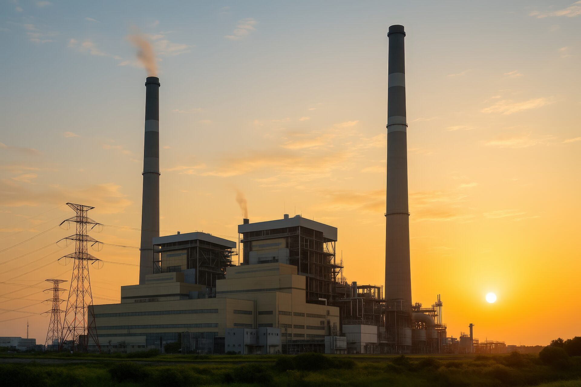 夕焼け空と発電所のシルエット