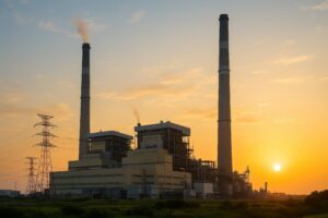 夕焼け空と発電所のシルエット