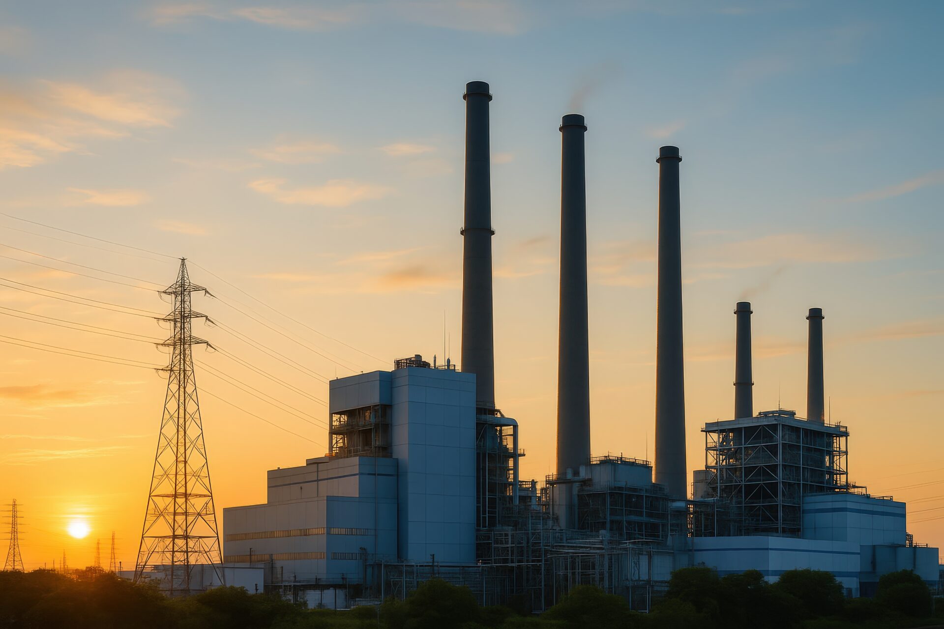 夕日を背景にした煙突のある発電所