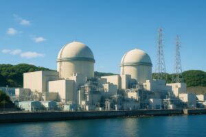 山に囲まれた近代的な原子力発電施設