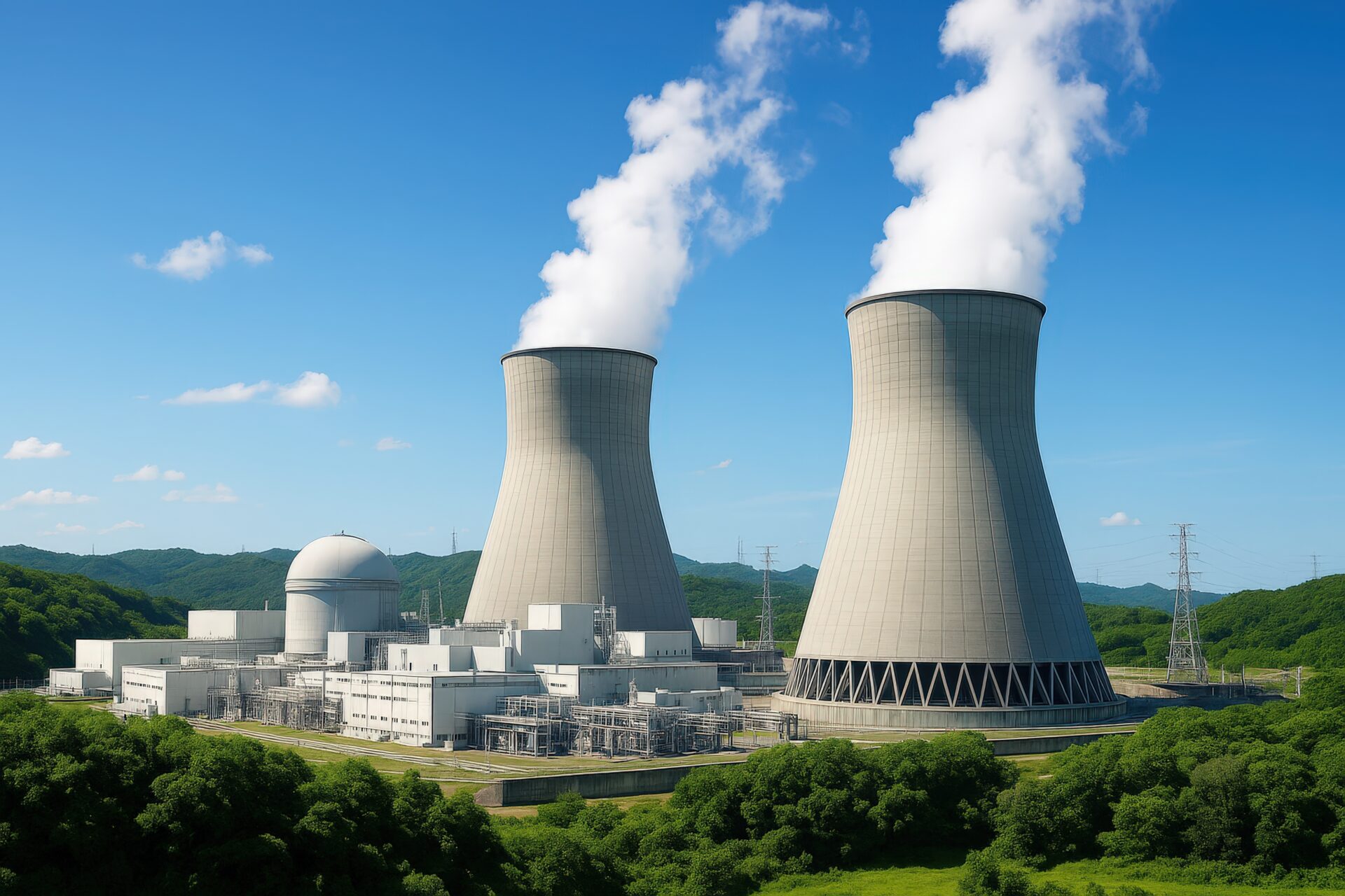 冷却塔から蒸気が上がる原子力発電所