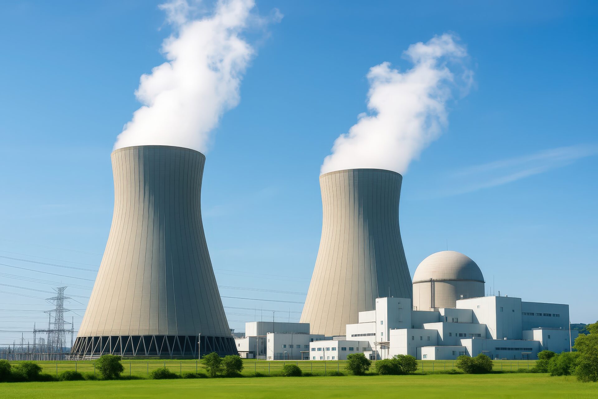 冷却塔とドーム型施設が並ぶ発電所の外観