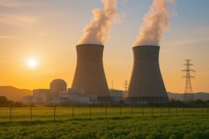 夕日を背にした冷却塔と原子力発電所