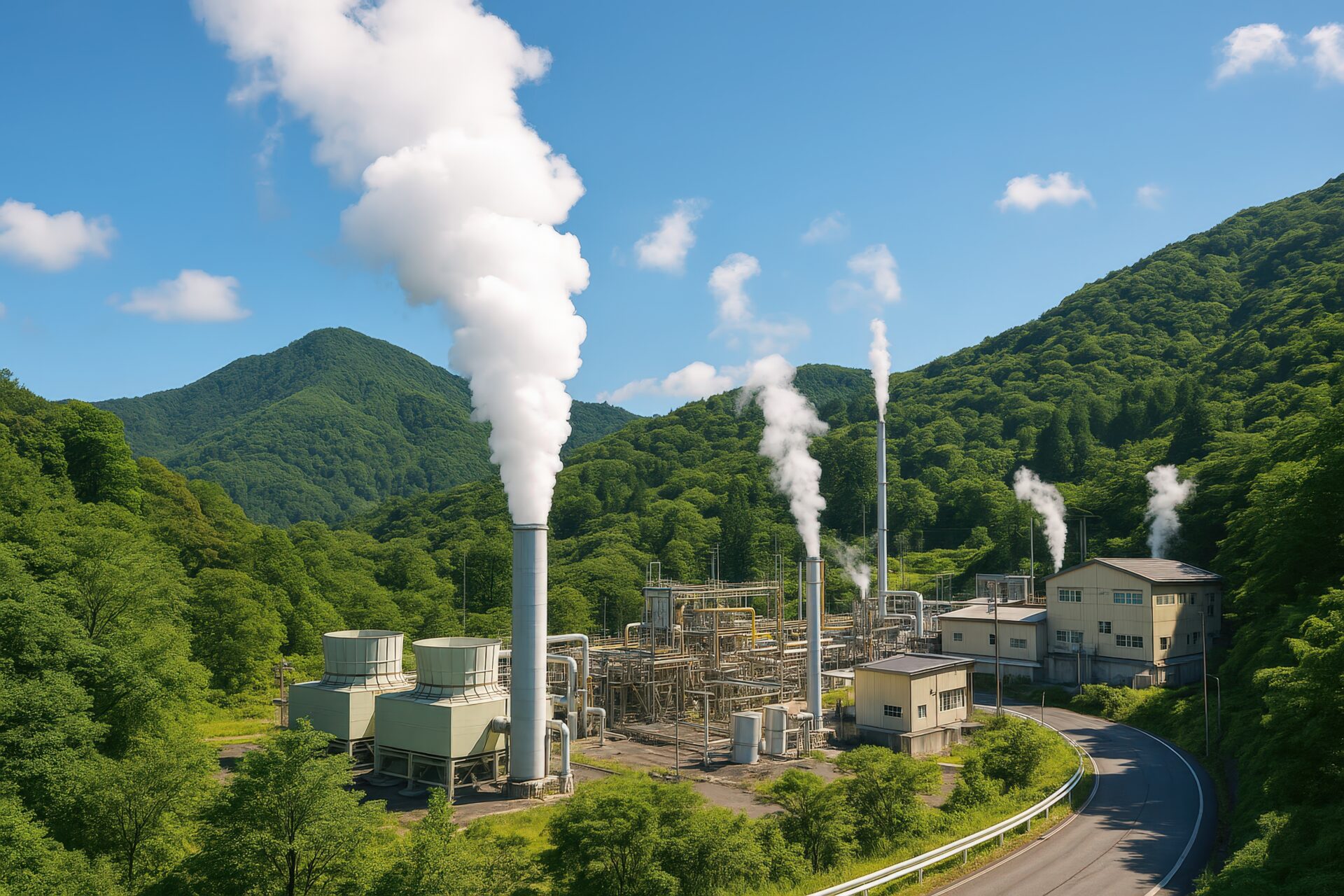 山間に立ち上る蒸気と地熱発電所の施設群