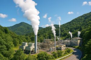 山間に立ち上る蒸気と地熱発電所の施設群
