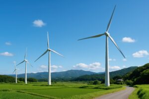 青空と緑の田園に並ぶ大型風力発電機