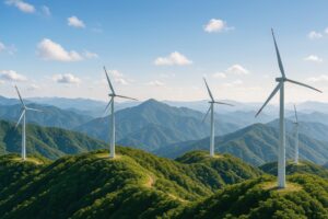 山頂に設置された風力発電機と連なる山並み