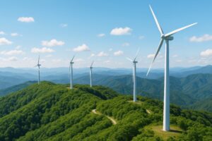 尾根沿いに立ち並ぶ風力発電機と森林の広がり