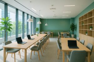 ナチュラルな雰囲気の共有オフィスとノートパソコン