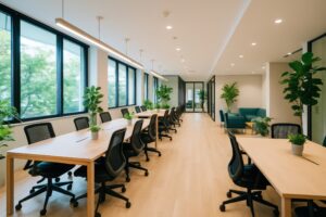 観葉植物が置かれた明るいワークスペース